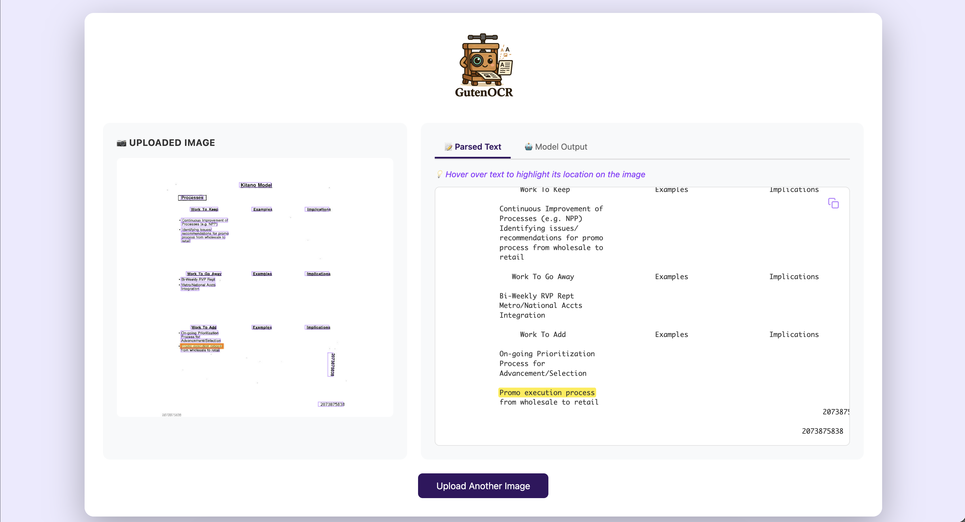 GutenOCR demo interface showing parsed text with hover-to-highlight on the uploaded image