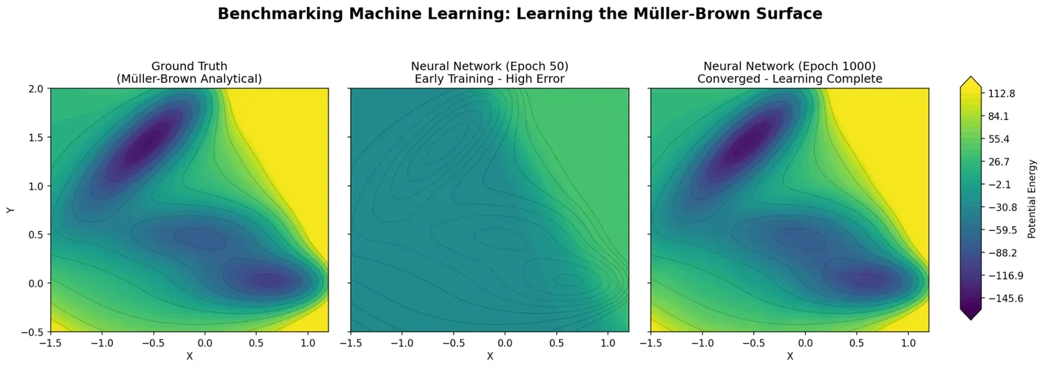 Three-panel comparison showing the analytical Müller-Brown surface (left), a neural network at epoch 50 with high error (middle), and a converged neural network at epoch 1000 (right)