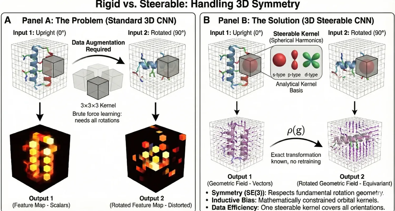 Comparison of standard 3D CNN versus 3D Steerable CNN for handling rotational symmetry. Panel A shows how standard CNNs produce distorted outputs when inputs are rotated, requiring data augmentation. Panel B shows how Steerable CNNs use spherical harmonic kernel bases to produce equivariant geometric field outputs that transform predictably under rotation.