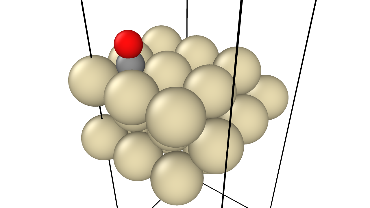 Carbon monoxide molecule adsorbed on Pt(100) FCC surface in hollow site configuration Carbon monoxide molecule adsorbed on Pt(100) FCC surface in hollow site configuration