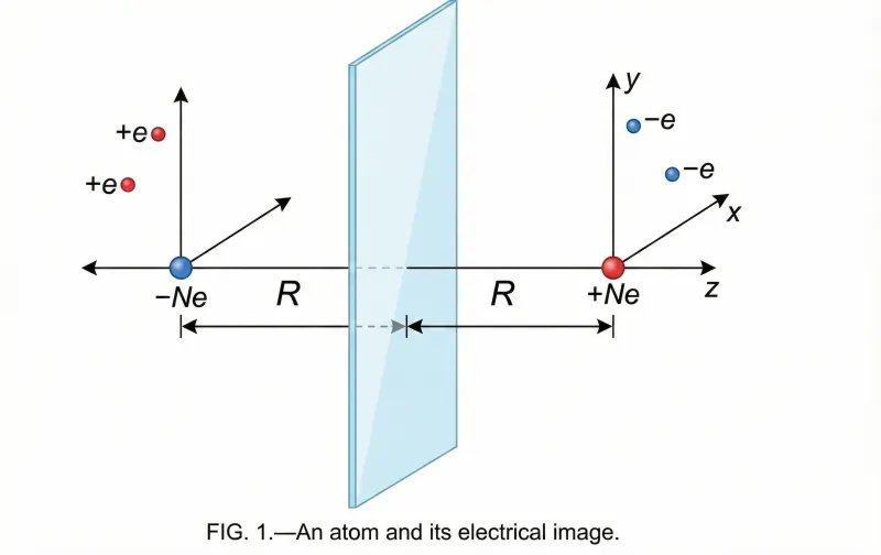 Diagram showing an atom with nucleus (+Ne) and electrons (-e) at distance R from a conducting surface, with its electrical image reflected on the opposite side