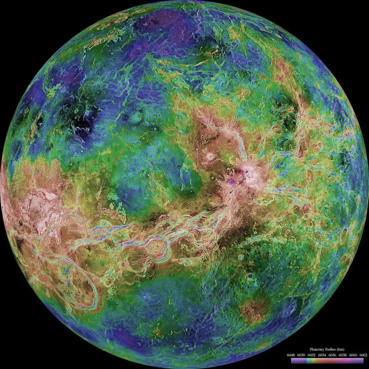 False-color radar topography map of Venus showing elevation data from the Magellan mission, with highlands in pink/white and lowlands in blue/purple