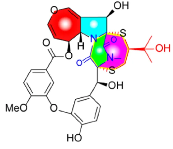 An example from the Colored Background OSCR Benchmark, showing a complex and colorful chemical structure.