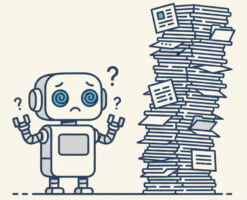 Robot looking confused at a messy stack of documents